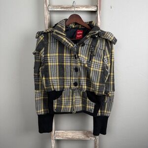 Therapy Lane Crawford Yellow Plaid Fur Hood Button Jacket Medium